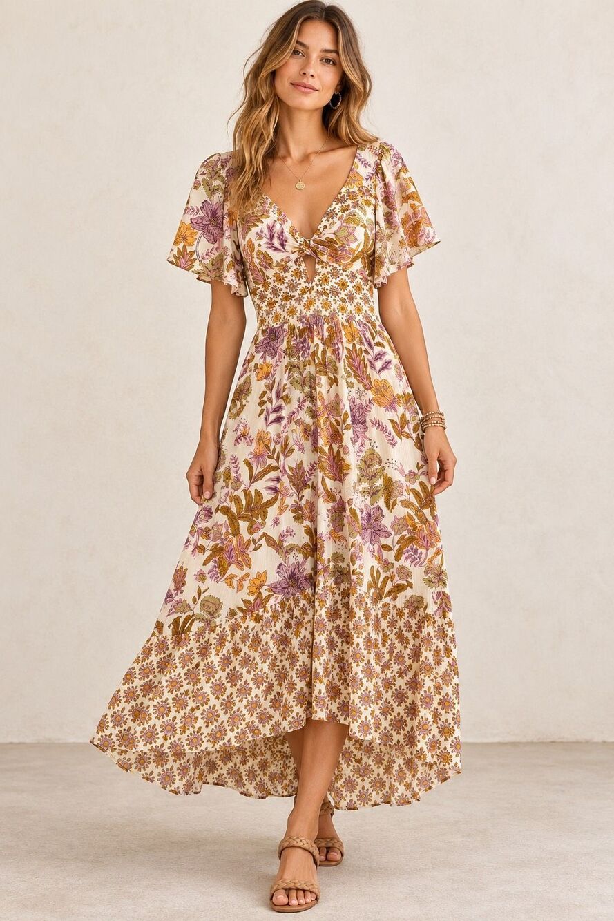 Angie Boho Floral Cutout High Low Maxi Dress Large Cream Multi